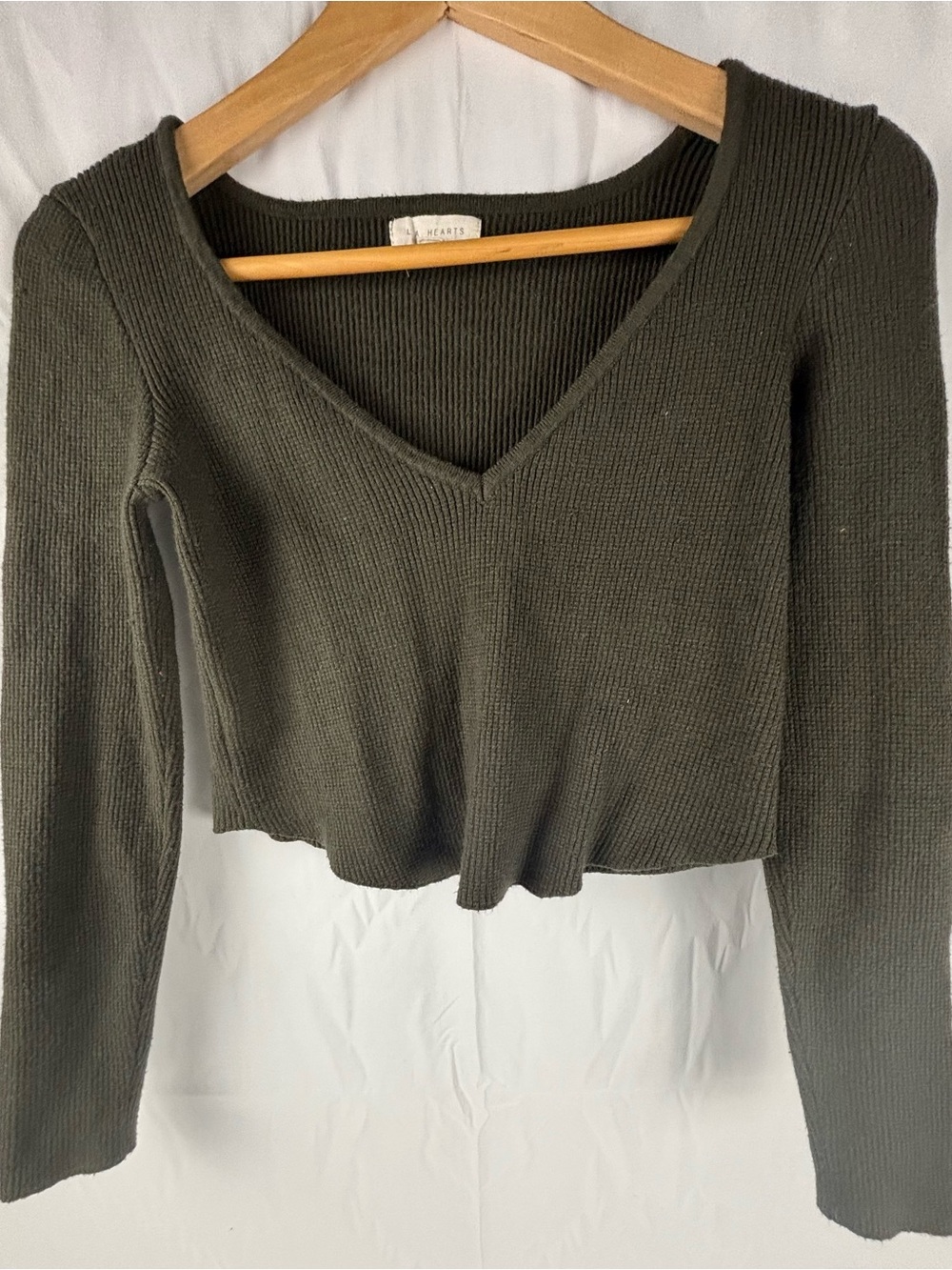 La Hearts Olive Green Ribbed V-Neck Long Sleeve Crop Top